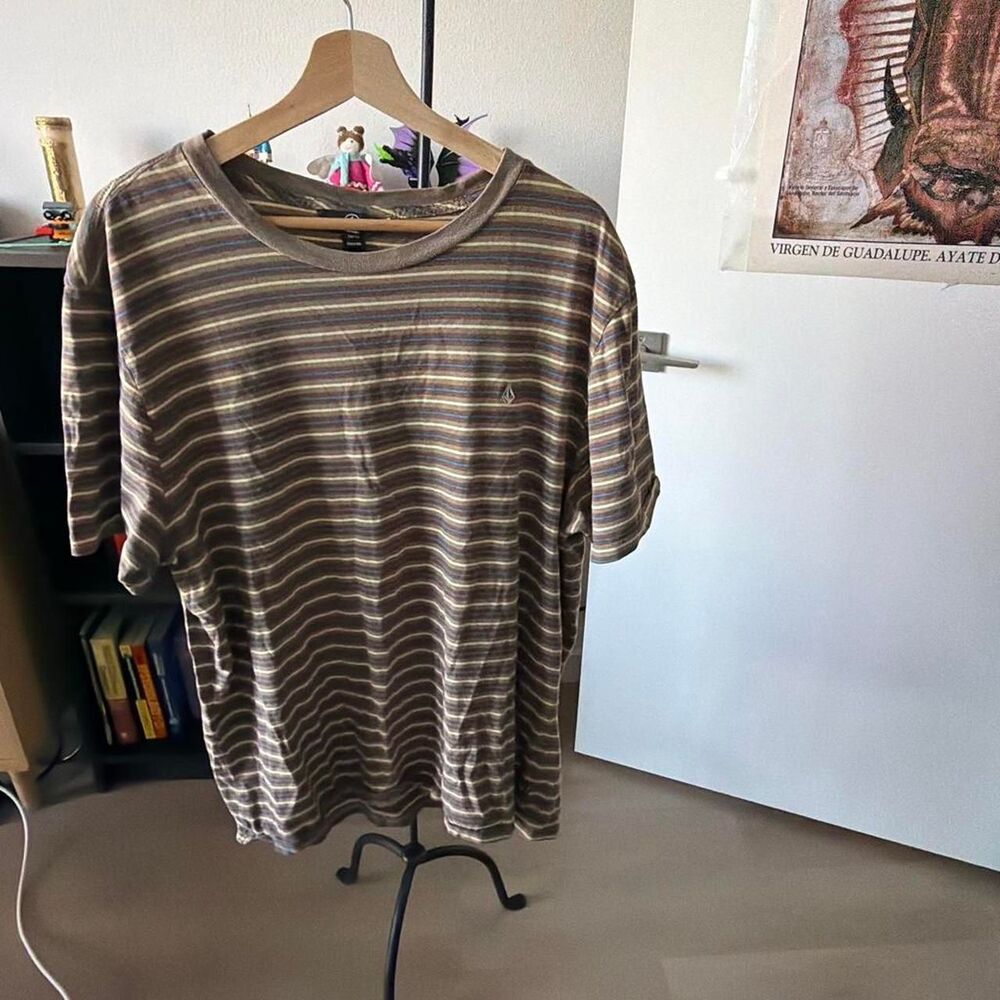 Volcom Men's Striped Crewneck T-Shirt Brown Tan XXL